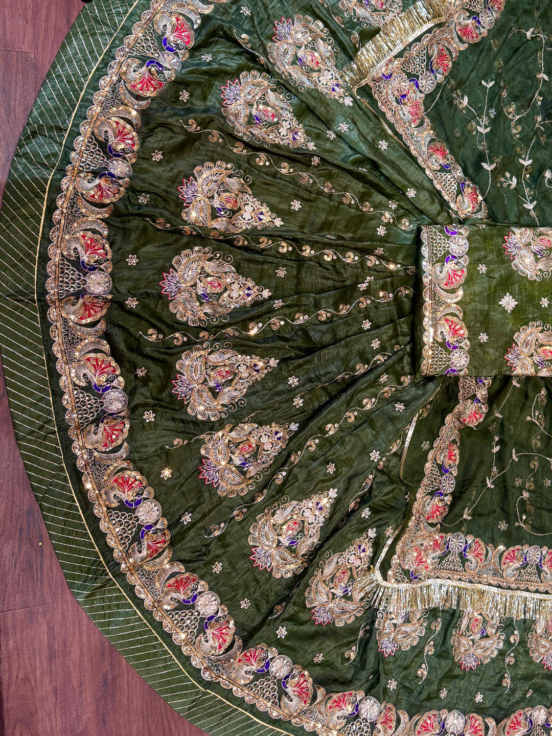 4 Meter Flare Gold Crush Rajputi Poshak Green Wedding Party Wear Designer Outfit for Women-91839