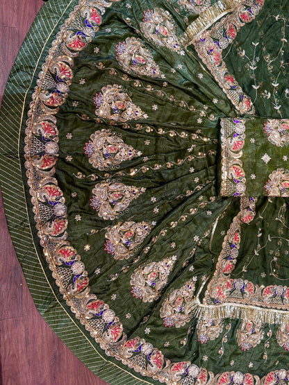 4 Meter Flare Gold Crush Rajputi Poshak Green Wedding Party Wear Designer Outfit for Women-91839