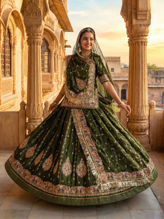 4 Meter Flare Gold Crush Rajputi Poshak Green Wedding Party Wear Designer Outfit for Women-91839