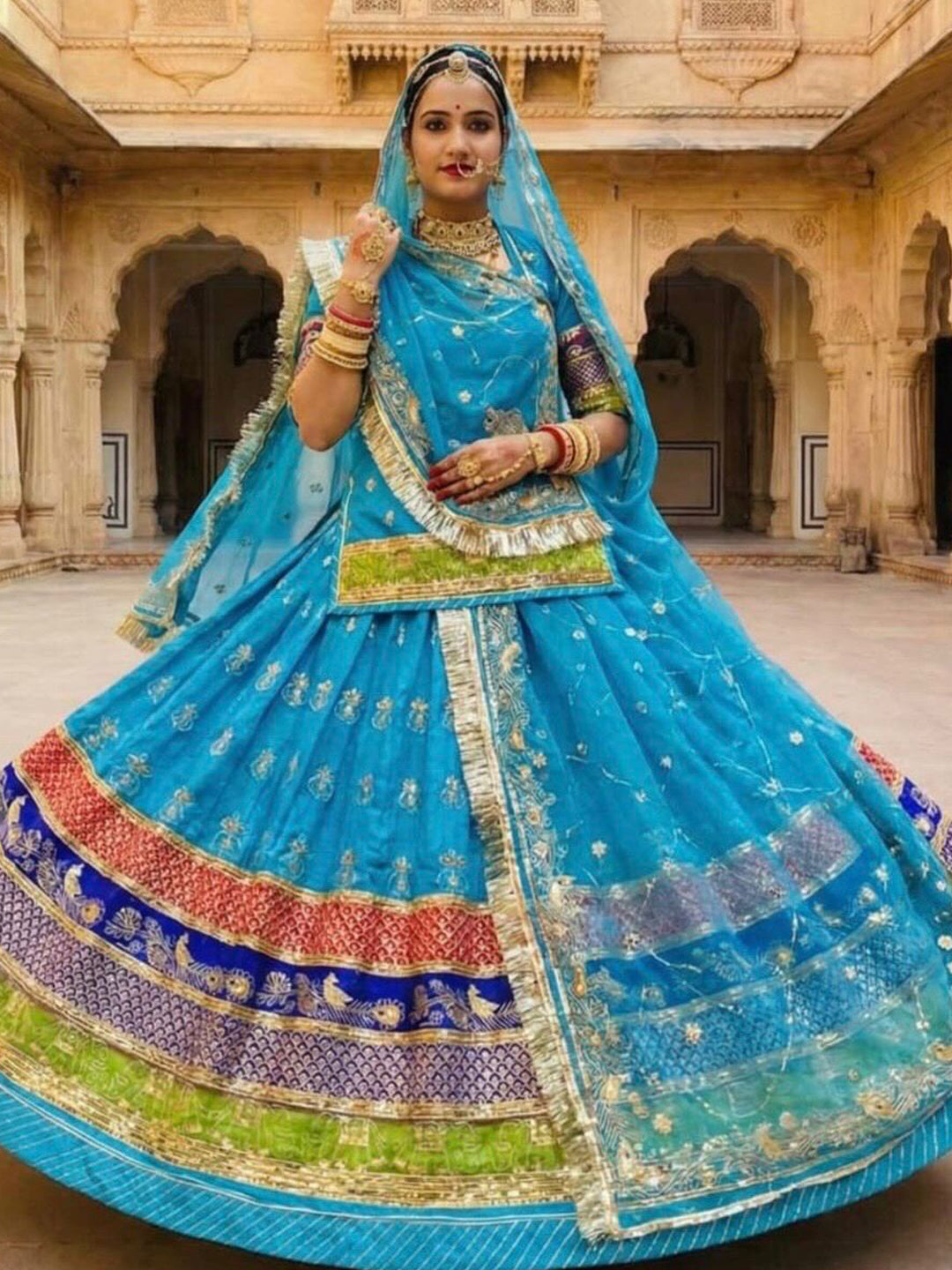 5 Meter Flare Fendy Silk Vintage Rajputi Poshak Blue Wedding Party Wear Designer Outfit for Women-91834