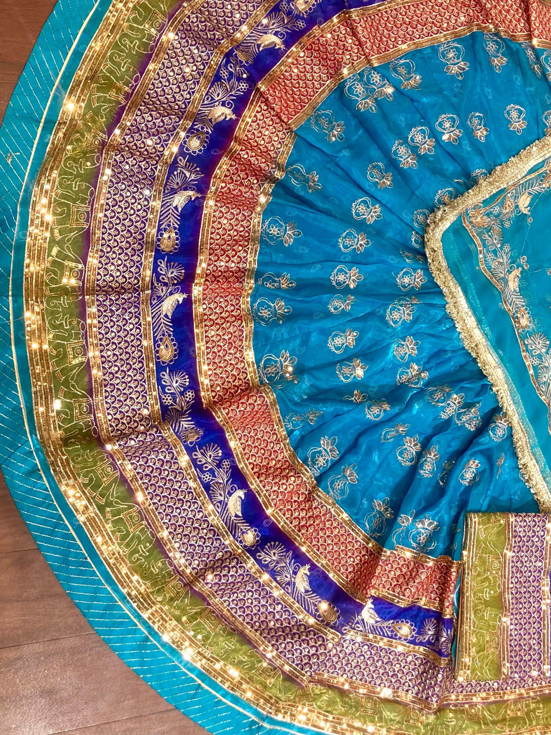 5 Meter Flare Fendy Silk Vintage Rajputi Poshak Blue Wedding Party Wear Designer Outfit for Women-91834