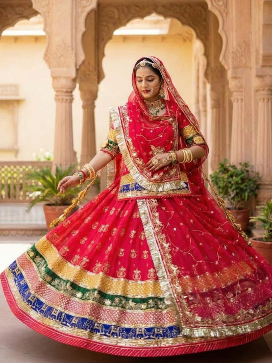 5 Meter Flare Fendy Silk Vintage Rajputi Poshak Pink Wedding Party Wear Designer Outfit for Women-91835