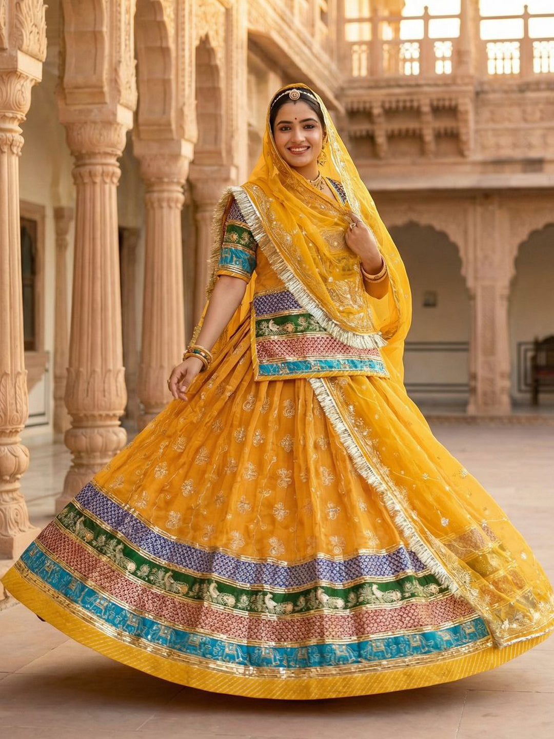 5 Meter Flare Fendy Silk Vintage Rajputi Poshak Yellow Wedding Party Wear Designer Outfit for Women-91836