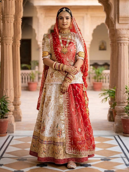 Premium White Fendi Silk Rajputi Poshak – 5 Meter Flare Wedding Wear for Women-91877