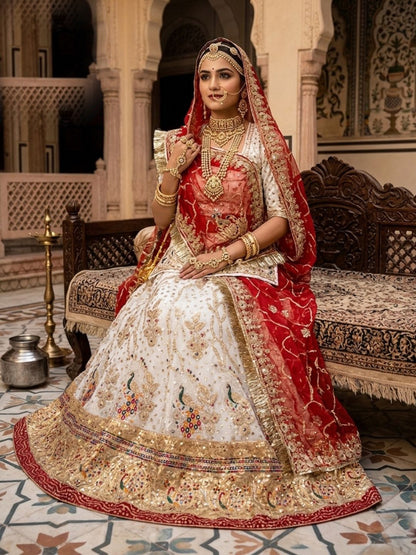 Premium White Fendi Silk Rajputi Poshak – 5 Meter Flare Wedding Wear for Women-91879