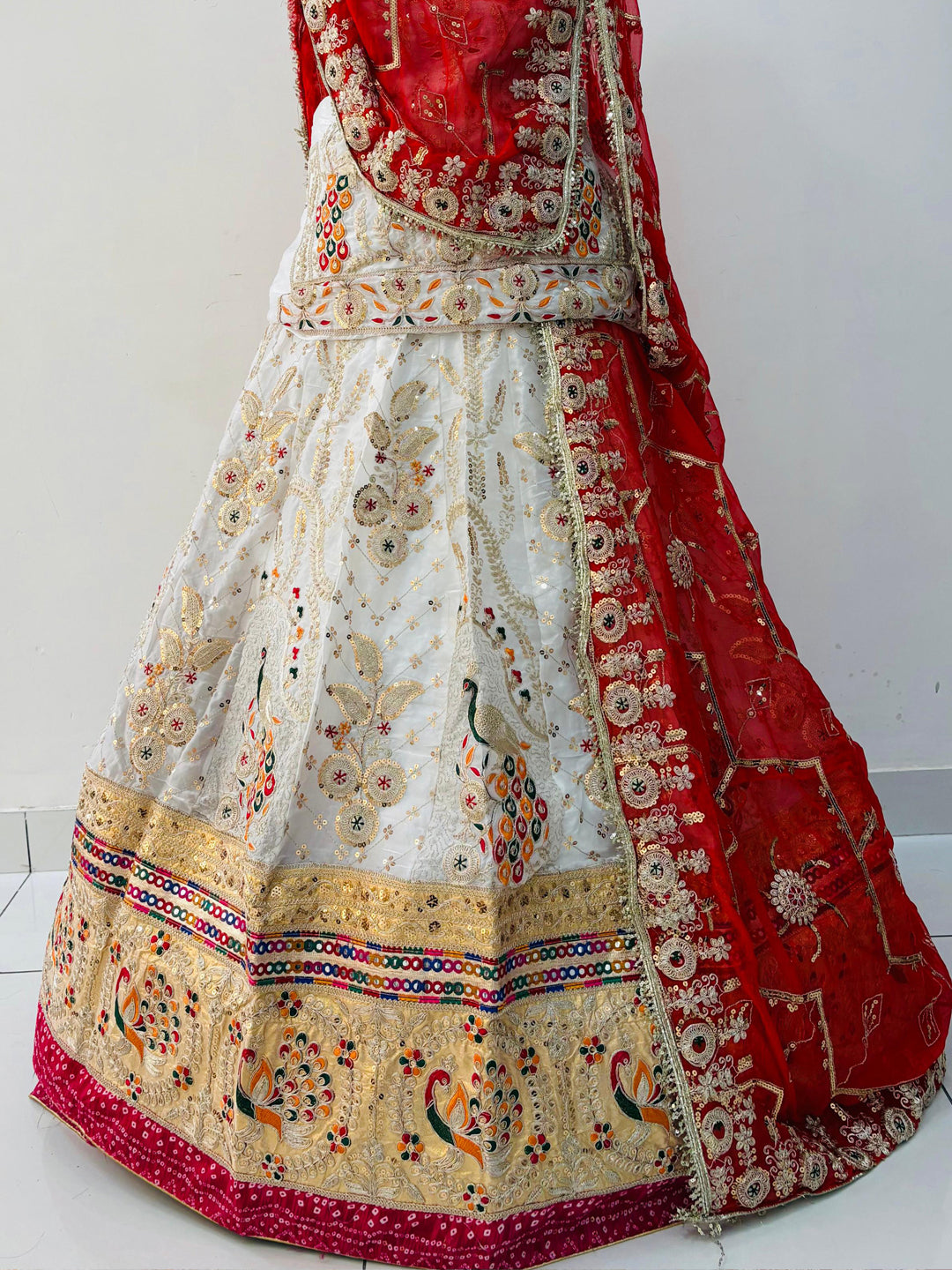 Premium White Fendi Silk Rajputi Poshak – 5 Meter Flare Wedding Wear for Women-91878
