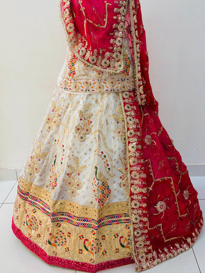 Premium White Fendi Silk Rajputi Poshak – 5 Meter Flare Wedding Wear for Women-91877