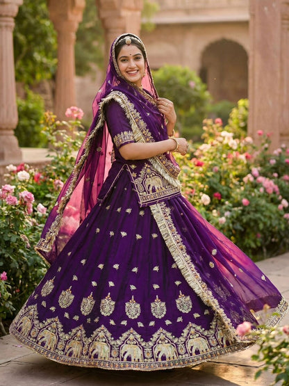 4 Meter Flare Fendy Silk Rajputi Poshak Purple Wedding Party Wear Designer Outfit for Women -91832