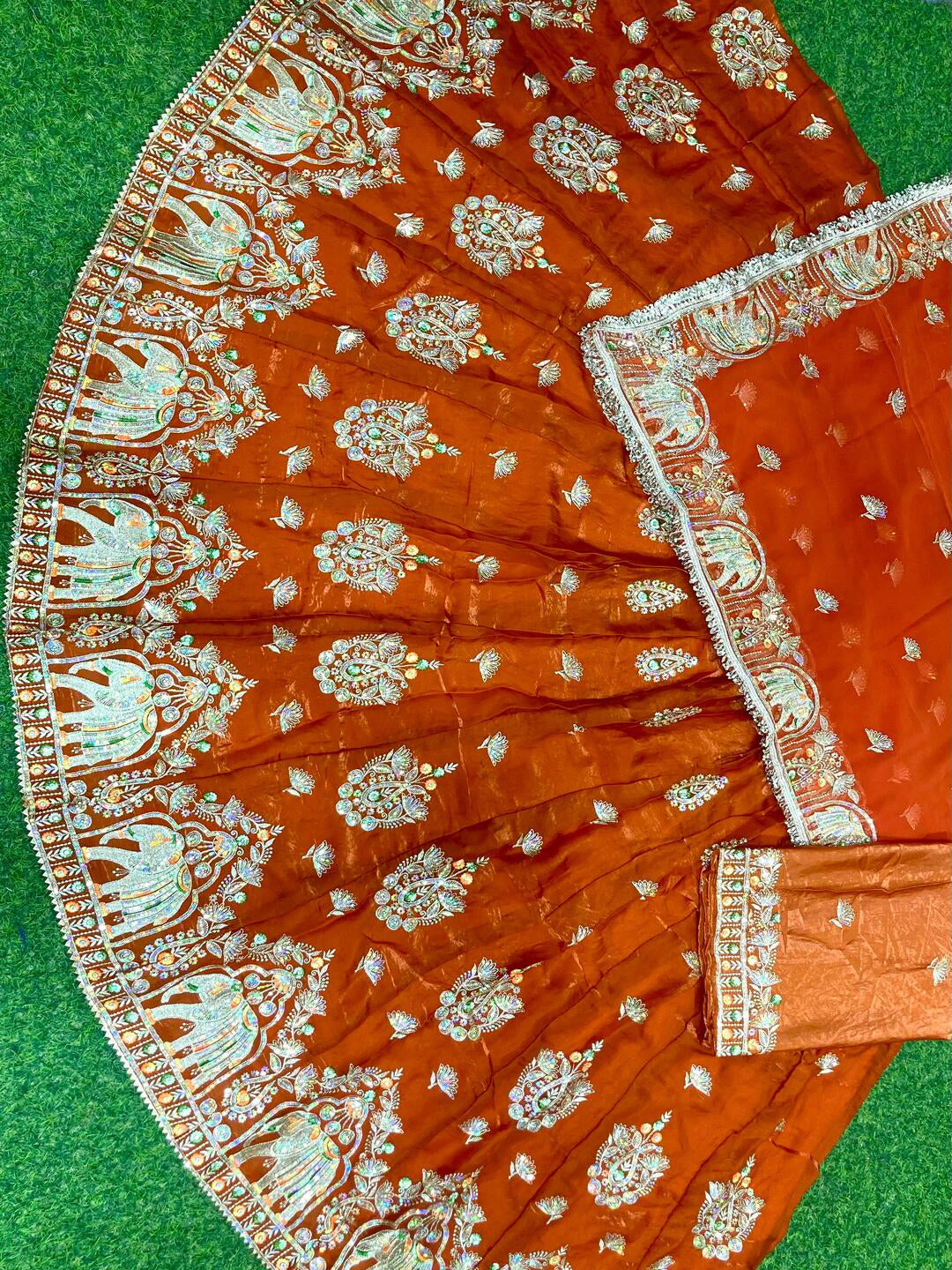 4 Meter Flare Fendy Silk Rajputi Poshak orange Wedding Party Wear Designer Outfit for Women -91829