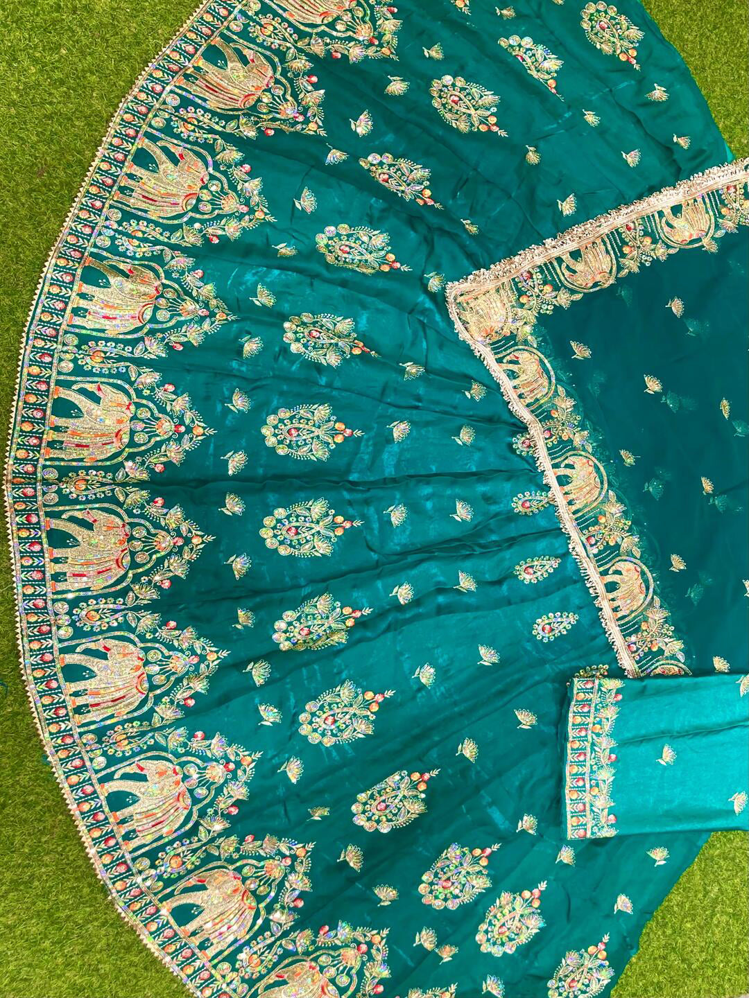 4 Meter Flare Fendy Silk Rajputi Poshak turquoise Wedding Party Wear Designer Outfit for Women -91828