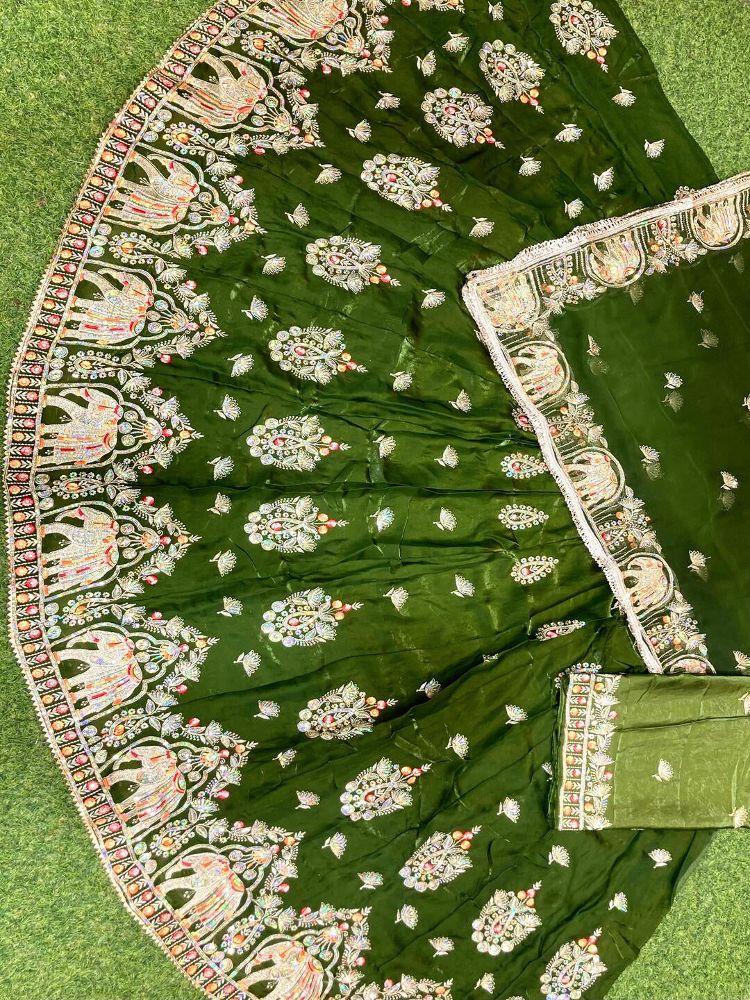 4 Meter Flare Fendy Silk Rajputi Poshak Green Wedding Party Wear Designer Outfit for Women -91827