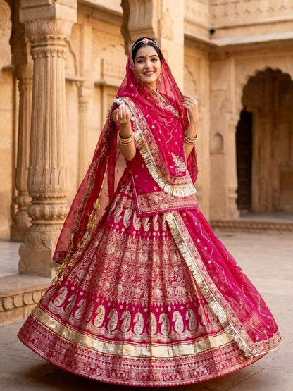 4 Meter Flare Heavy Crepe Silk Rajputi Poshak Pink Wedding Party Wear Designer Outfit for Women -91826