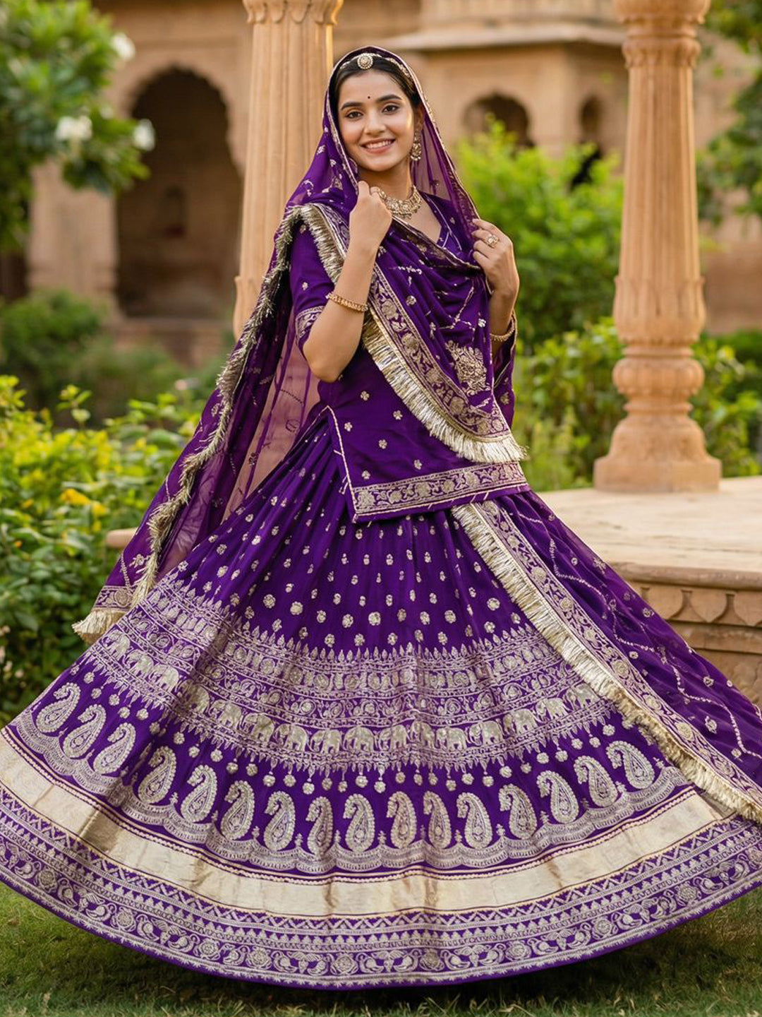 4 Meter Flare Heavy Crepe Silk Rajputi Poshak Purple Wedding Party Wear Designer Outfit for Women -91825