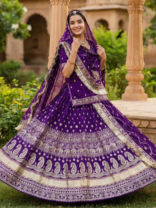 4 Meter Flare Heavy Crepe Silk Rajputi Poshak Purple Wedding Party Wear Designer Outfit for Women -91825
