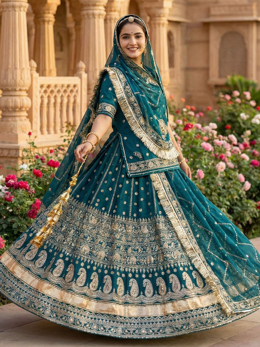 4 Meter Flare Heavy Crepe Silk Rajputi Poshak Blue Wedding Party Wear Designer Outfit for Women -91824