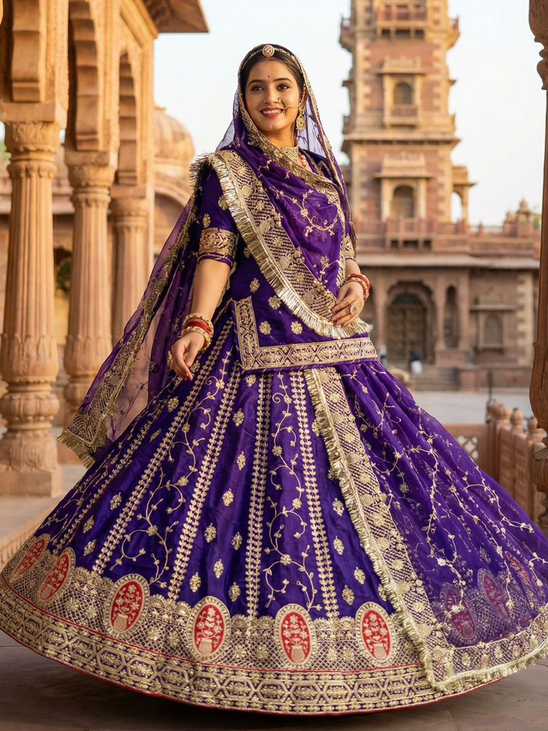 5 Meter Flare Heavy Silk Rajputi Poshak Pink Wedding Party Wear Designer Outfit for Women-91818