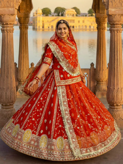 5 Meter Flare Heavy Silk Rajputi Poshak Pink Wedding Party Wear Designer Outfit for Women-91819