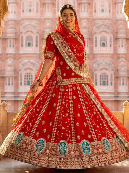 5 Meter Flare Heavy Silk Rajputi Poshak Pink Wedding Party Wear Designer Outfit for Women-91817