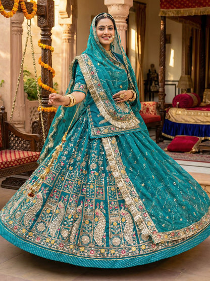 4 Meter Flare Fendi Silk Rajputi Poshak Wedding Party Wear Designer Outfit for Women-91806