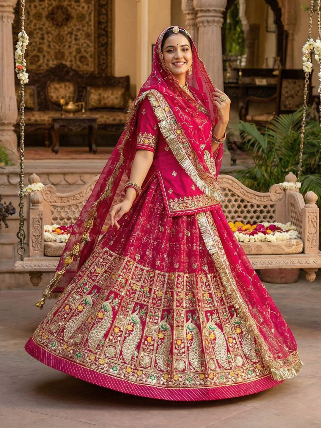 4 Meter Flare Fendi Silk Rajputi Poshak Wedding Party Wear Designer Outfit for Women-91808