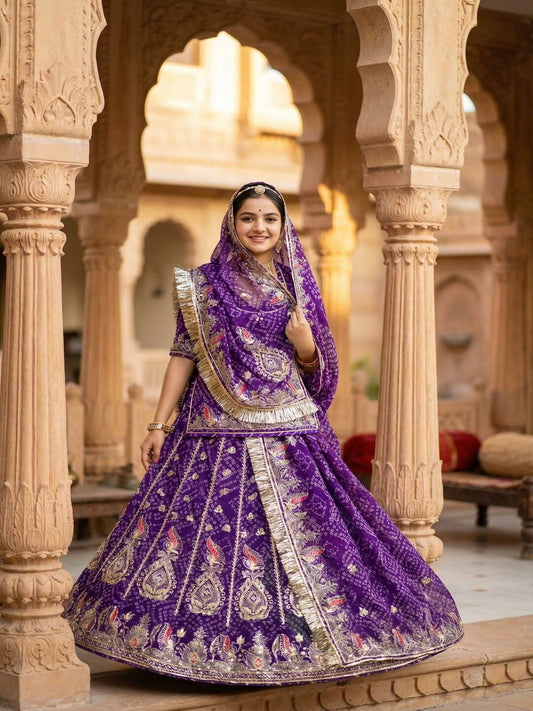 Premium Royal Pure Chunnari Vintage Style Rajputi Poshak in Purple-91858