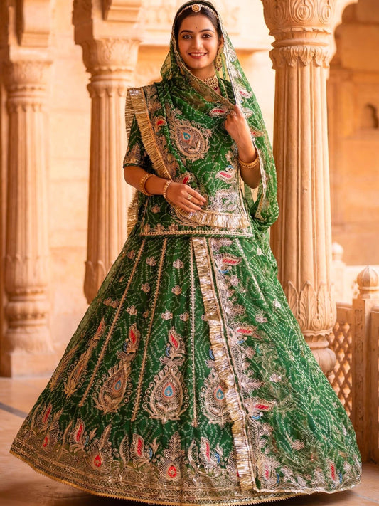 Premium Royal Pure Chunnari Vintage Style Rajputi Poshak in Green-91857