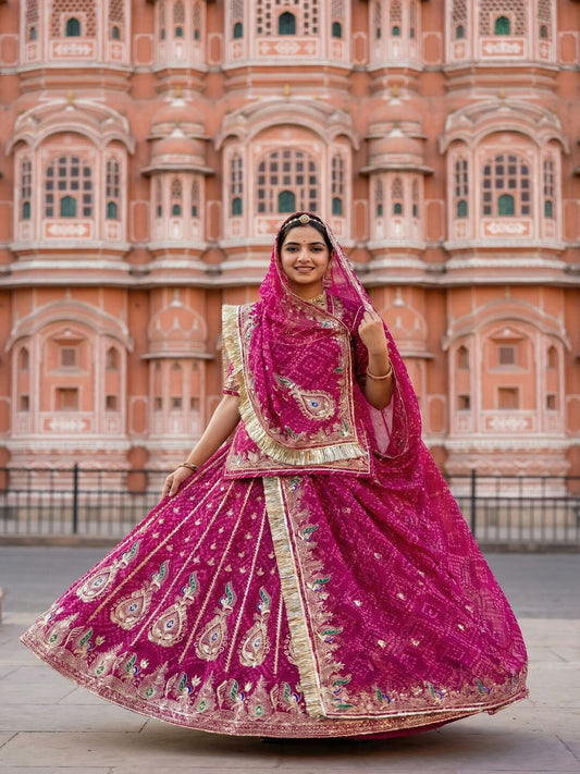 Premium Royal Pure Chunnari Vintage Style Rajputi Poshak in Pink-91856