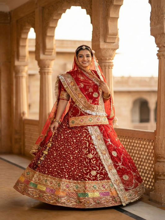 Premium Royal Georgette Contrast Rajputi Poshak in Red – 7 Meter Flare Bridal Gher-91859