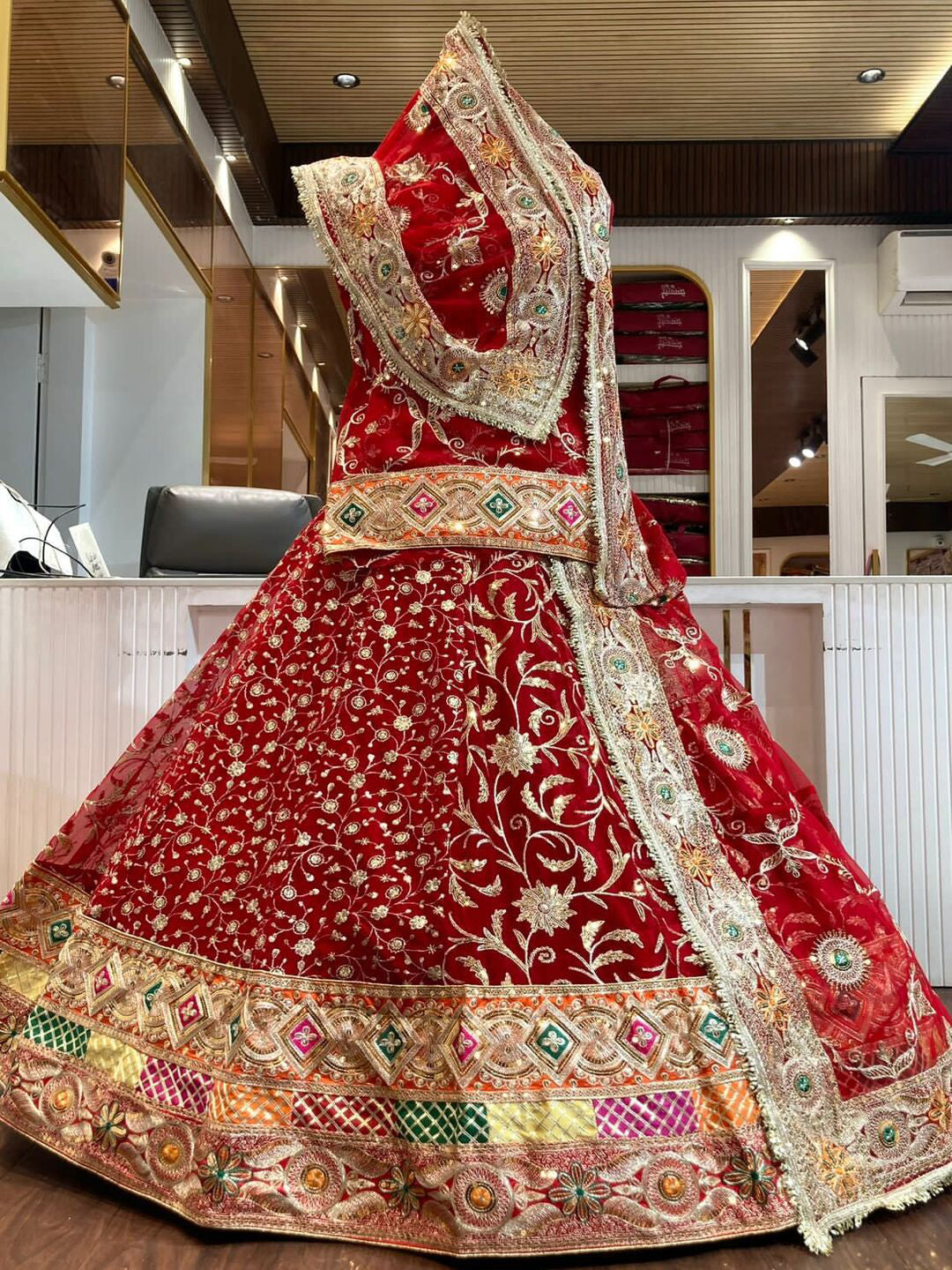 Premium Royal Georgette Contrast Rajputi Poshak in Red – 7 Meter Flare Bridal Gher-91859