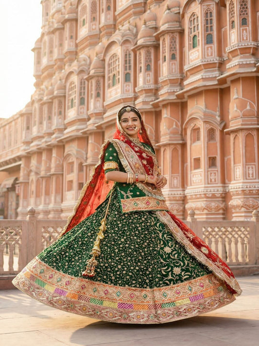 Premium Royal Georgette Contrast Rajputi Poshak in Red green – 7 Meter Flare Bridal Gher-91860