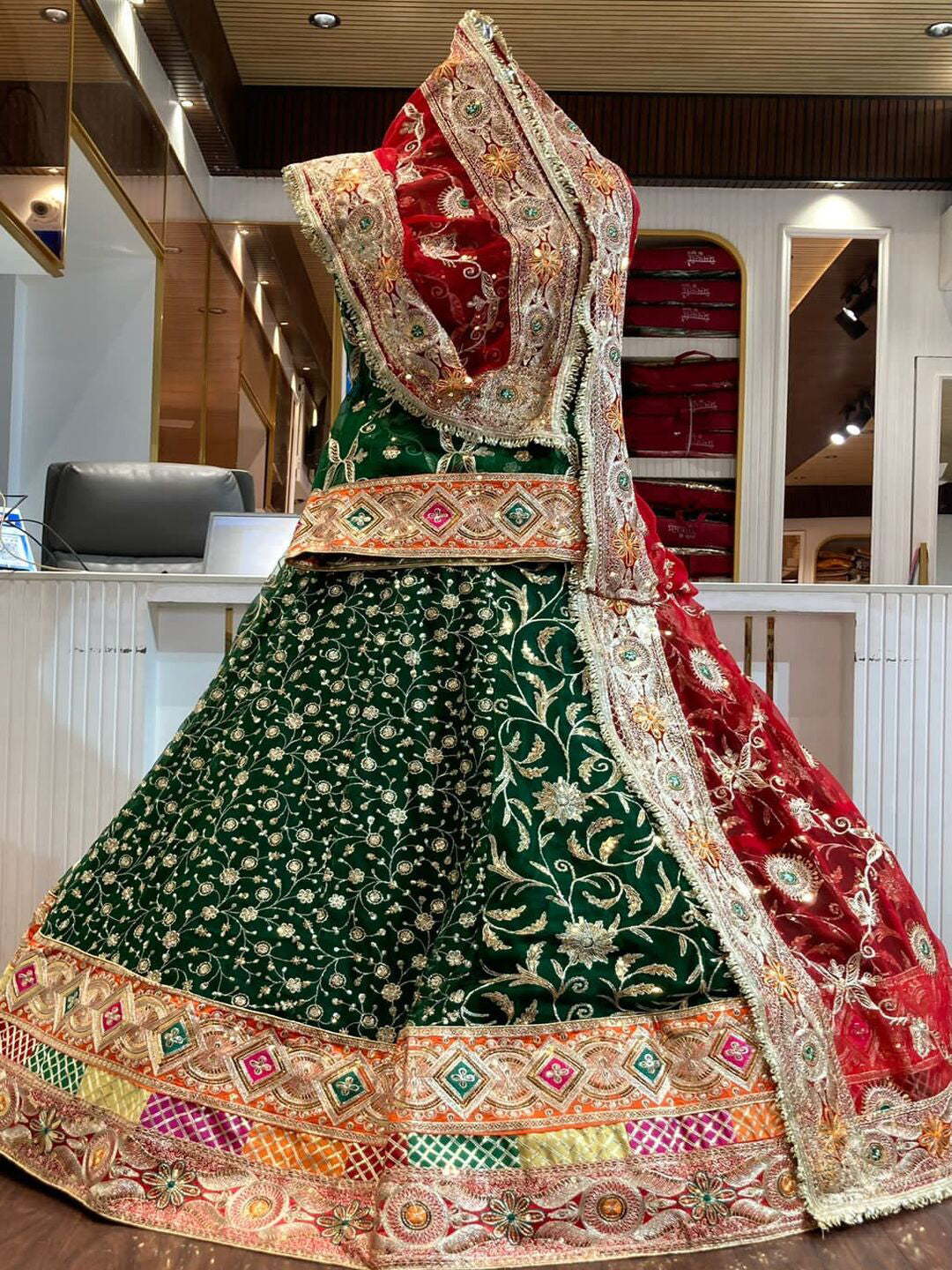 Premium Royal Georgette Contrast Rajputi Poshak in Red green – 7 Meter Flare Bridal Gher-91860