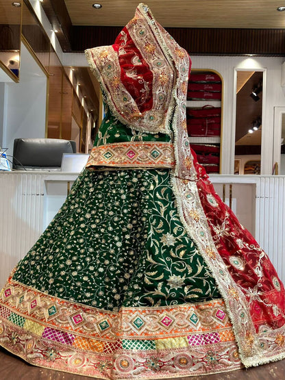 Premium Royal Georgette Contrast Rajputi Poshak in Red green – 7 Meter Flare Bridal Gher-91860