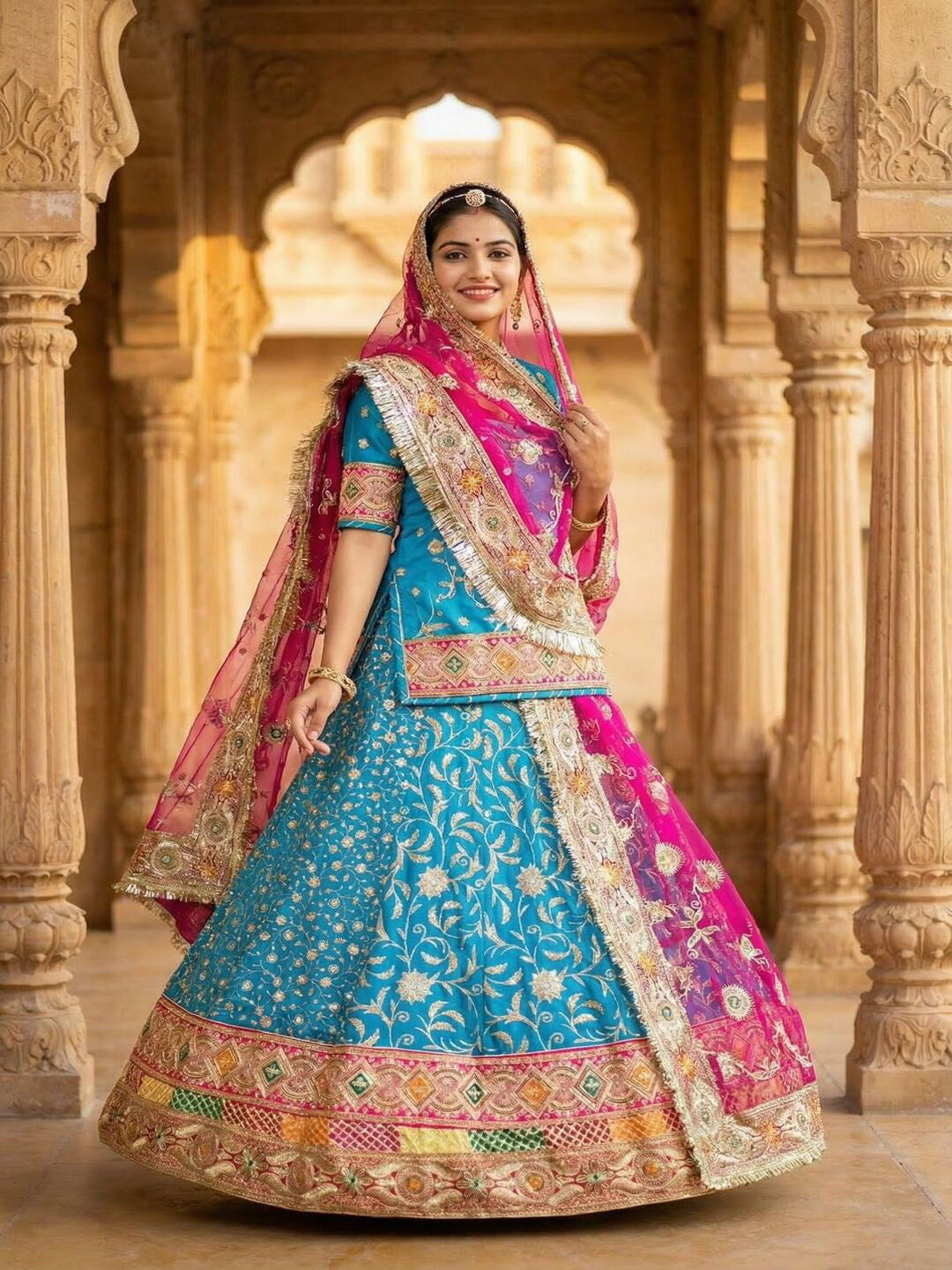 Premium Royal Georgette Contrast Rajputi Poshak in Red Blue – 7 Meter Flare Bridal Gher-91861