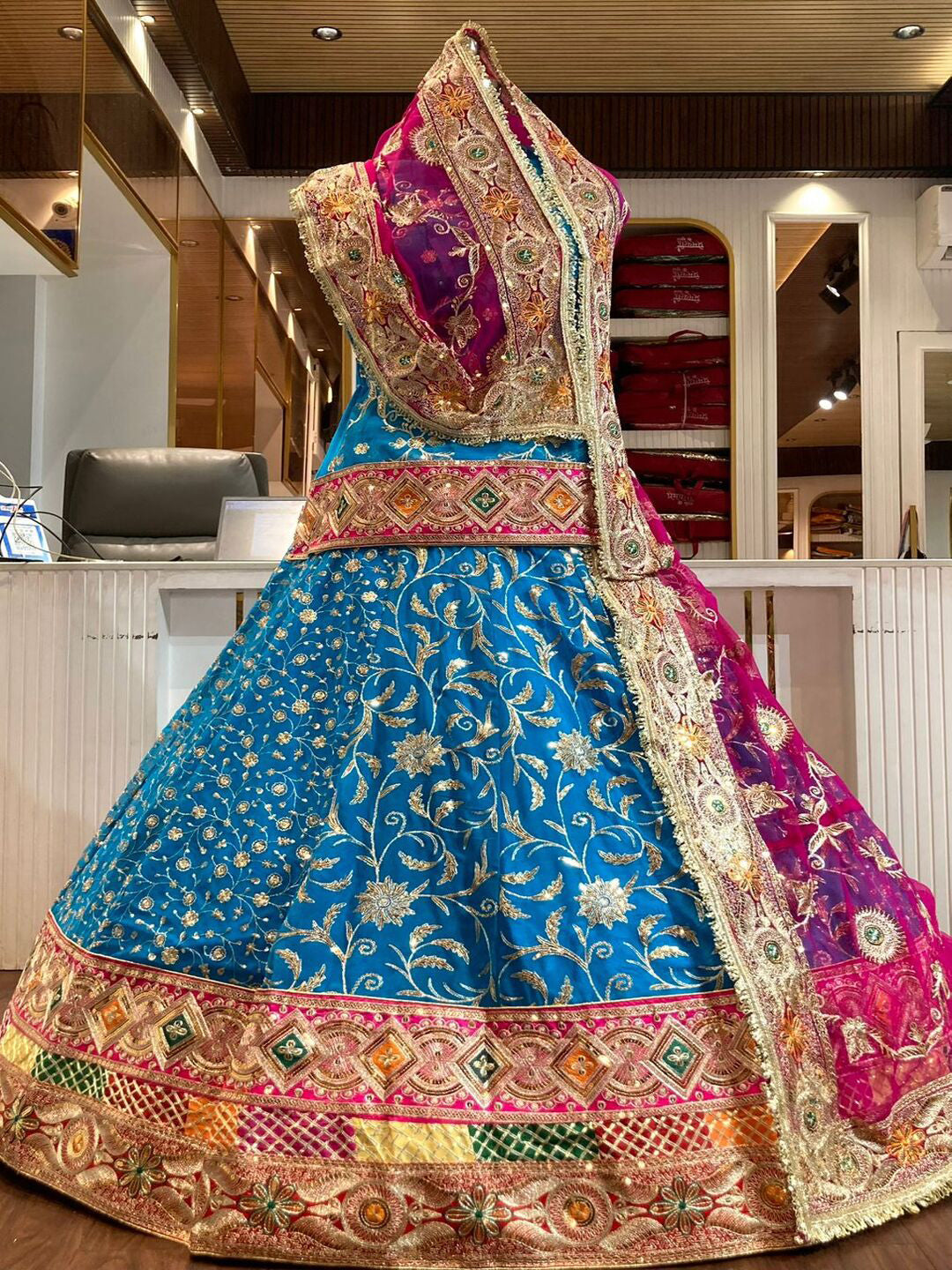 Premium Royal Georgette Contrast Rajputi Poshak in Red Blue – 7 Meter Flare Bridal Gher-91861
