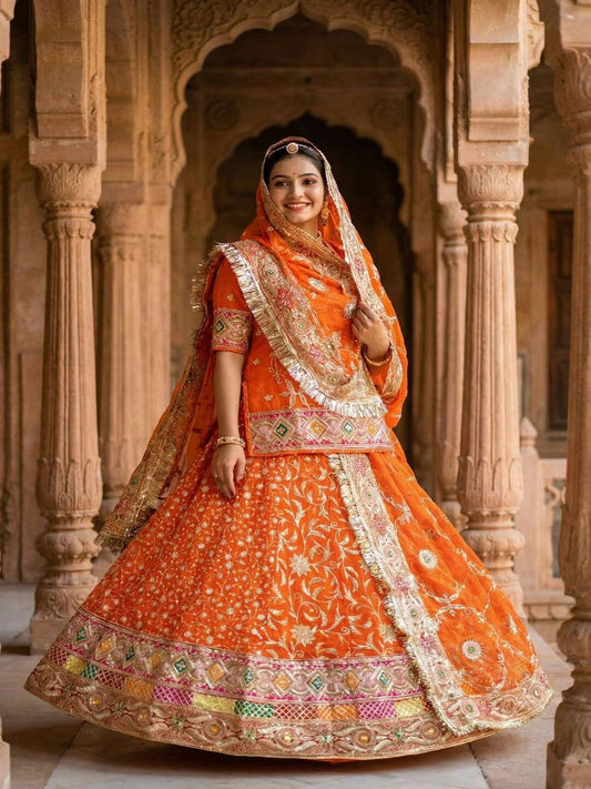 Premium Royal Georgette Contrast Rajputi Poshak in Orange – 7 Meter Flare Bridal Gher-91863