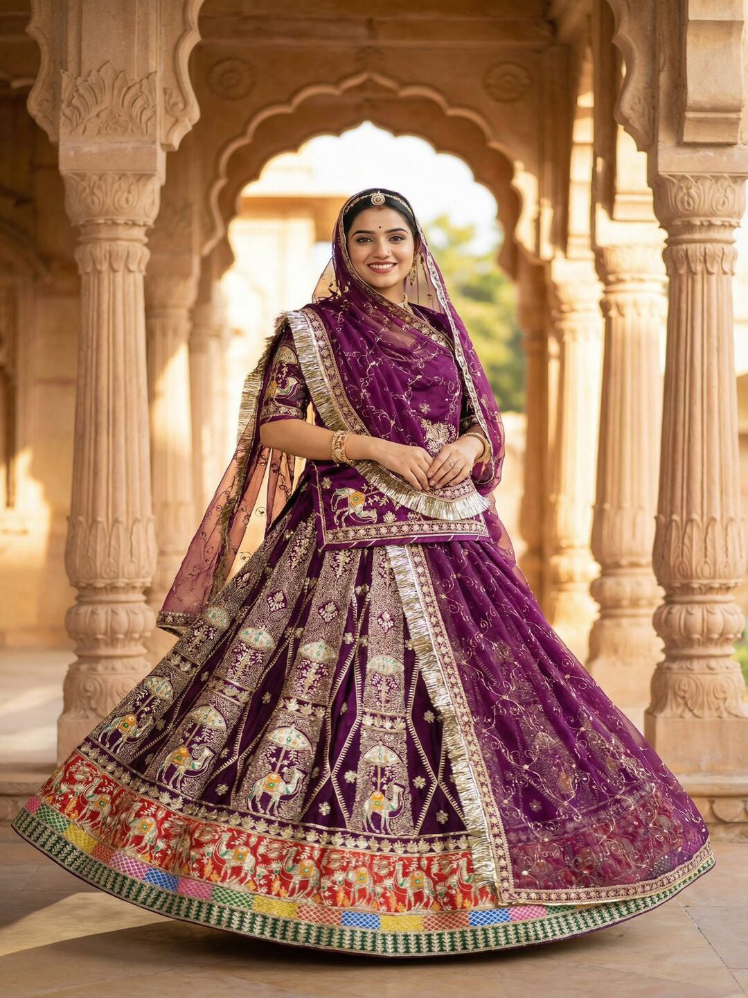 Purple Fendi Silk Wedding Poshak for Women – Heavy Designer Rajputi Outfit-91871