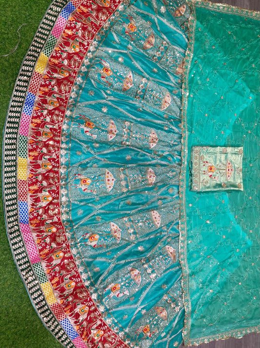 turquoise Fendi Silk Wedding Poshak for Women – Heavy Designer Rajputi Outfit-91867