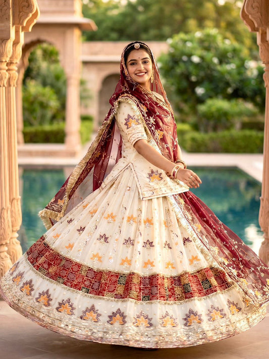 Premium White fendy silk Rajputi Poshak Wedding Party Wear Designer Outfit for Women 91874