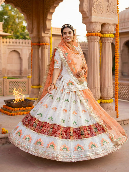 Premium White fendy silk Rajputi Poshak Wedding Party Wear Designer Outfit for Women 91873