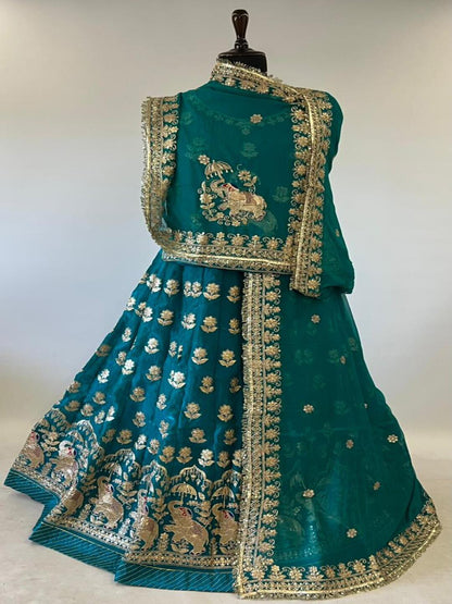 Fendy Satin Rajputi Poshak in Blue color – 5 Meter Flare Bridal Gher-91840