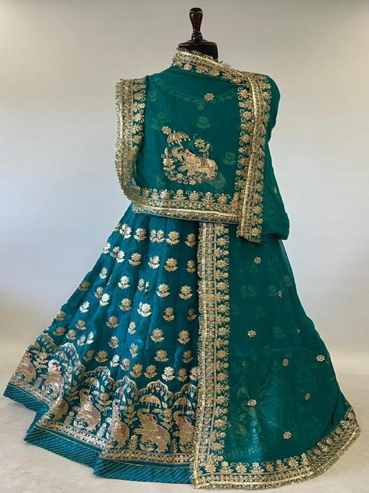 Fendy Satin Rajputi Poshak in Blue color – 5 Meter Flare Bridal Gher-91840