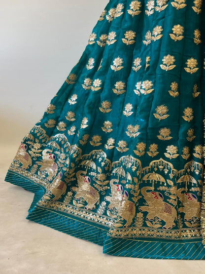 Fendy Satin Rajputi Poshak in Blue color – 5 Meter Flare Bridal Gher-91840