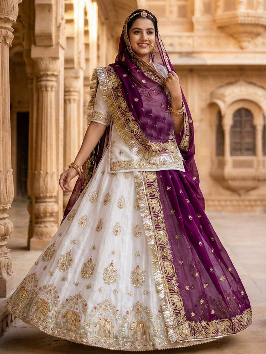 Premium Fendy Silk Contrast Vintage Style Rajputi Poshak in White Purple – 4 Meter Flare Bridal Gher-91848