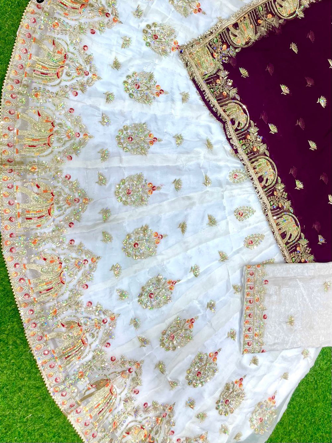 Premium Fendy Silk Contrast Vintage Style Rajputi Poshak in White Purple – 4 Meter Flare Bridal Gher-91848