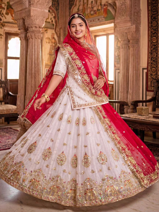 Premium Fendy Silk Contrast Vintage Style Rajputi Poshak in White Pink– 4 Meter Flare Bridal Gher-91849