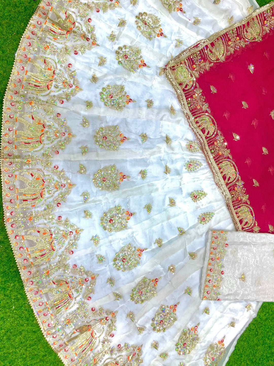 Premium Fendy Silk Contrast Vintage Style Rajputi Poshak in White Pink– 4 Meter Flare Bridal Gher-91849