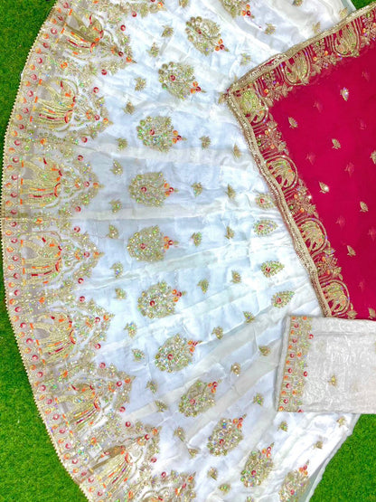 Premium Fendy Silk Contrast Vintage Style Rajputi Poshak in White Pink– 4 Meter Flare Bridal Gher-91849