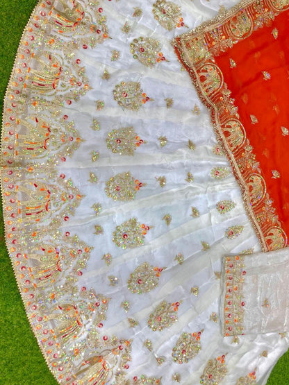 Premium Fendy Silk Contrast Vintage Style Rajputi Poshak in White Orange– 4 Meter Flare Bridal Gher-91850