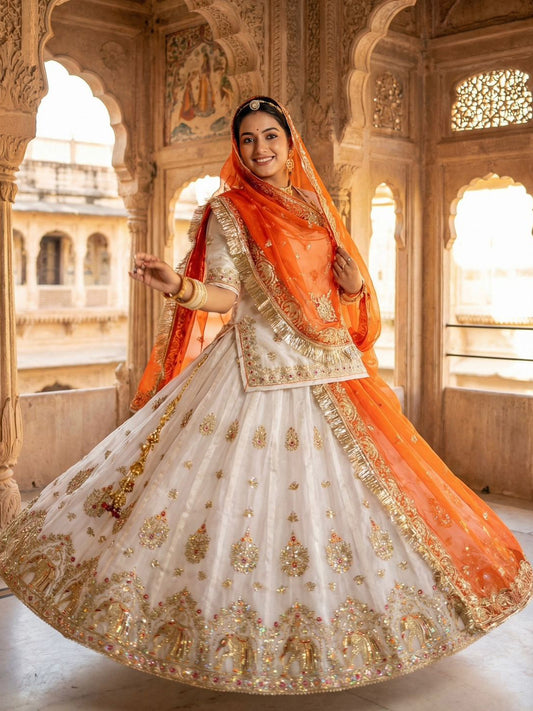 Premium Fendy Silk Contrast Vintage Style Rajputi Poshak in White Orange– 4 Meter Flare Bridal Gher-91850