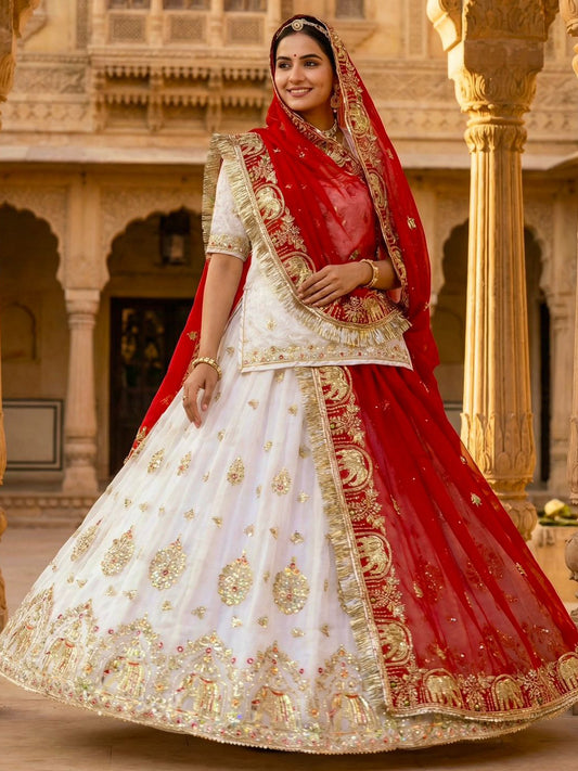 Premium Fendy Silk Contrast Vintage Style Rajputi Poshak in White Red– 4 Meter Flare Bridal Gher-91851